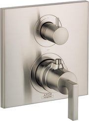 Brushed nickel thermostatic valve trim with dual circular knobs and rectangular lever handle mounted on square trim plate.