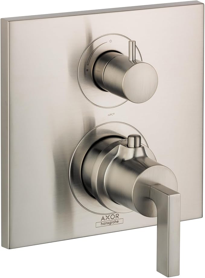 Brushed nickel thermostatic valve trim with dual circular knobs and rectangular lever handle mounted on square trim plate.