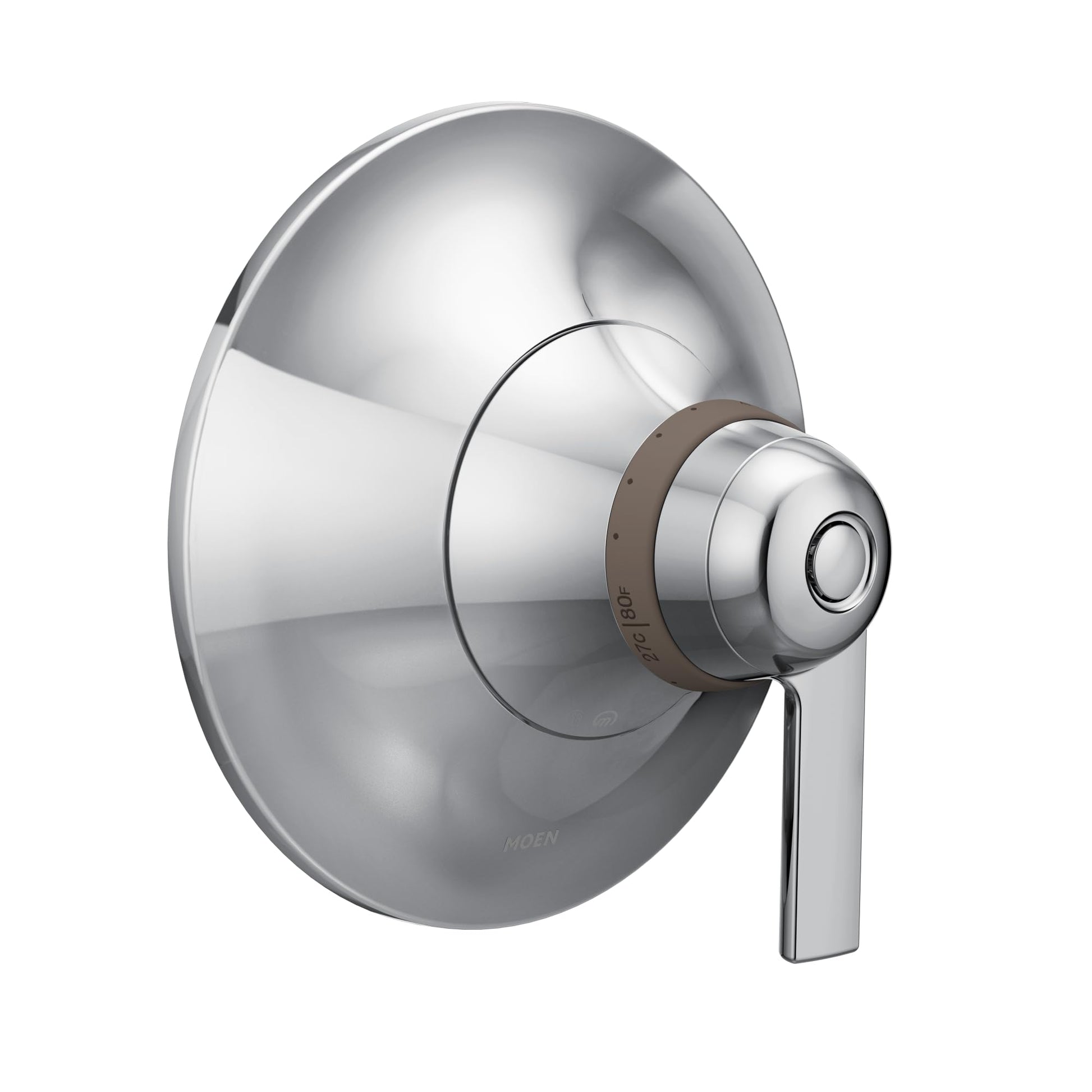 Chrome thermostatic shower valve trim with round escutcheon plate and single lever handle.