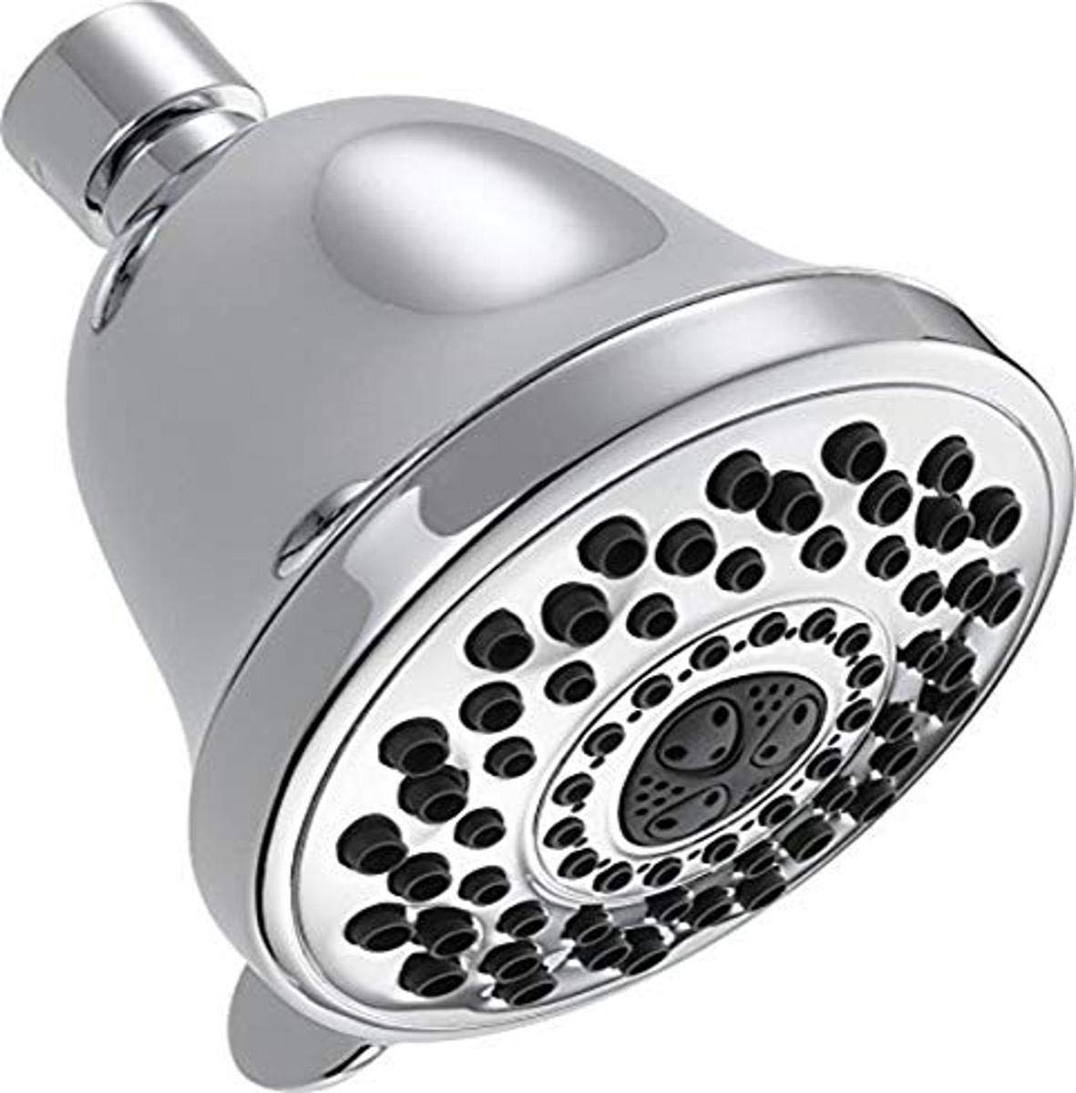 Chrome shower head with multiple spray holes arranged in concentric circles and adjustable connection arm.