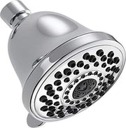 Chrome shower head with multiple spray holes arranged in concentric circles and adjustable connection arm.