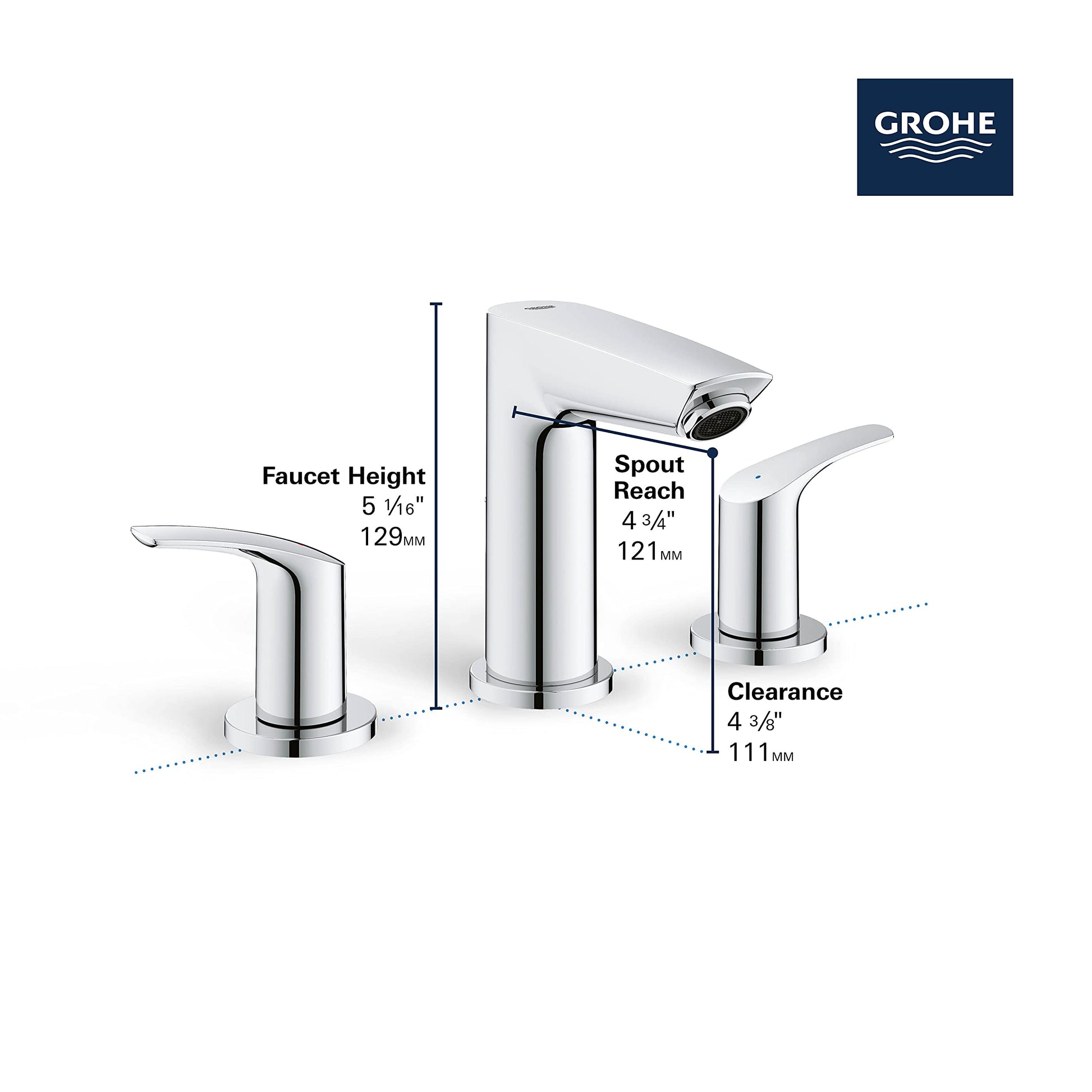 Chrome widespread bathroom faucet with central tall spout and two curved side handles, showing dimensions and Grohe branding.