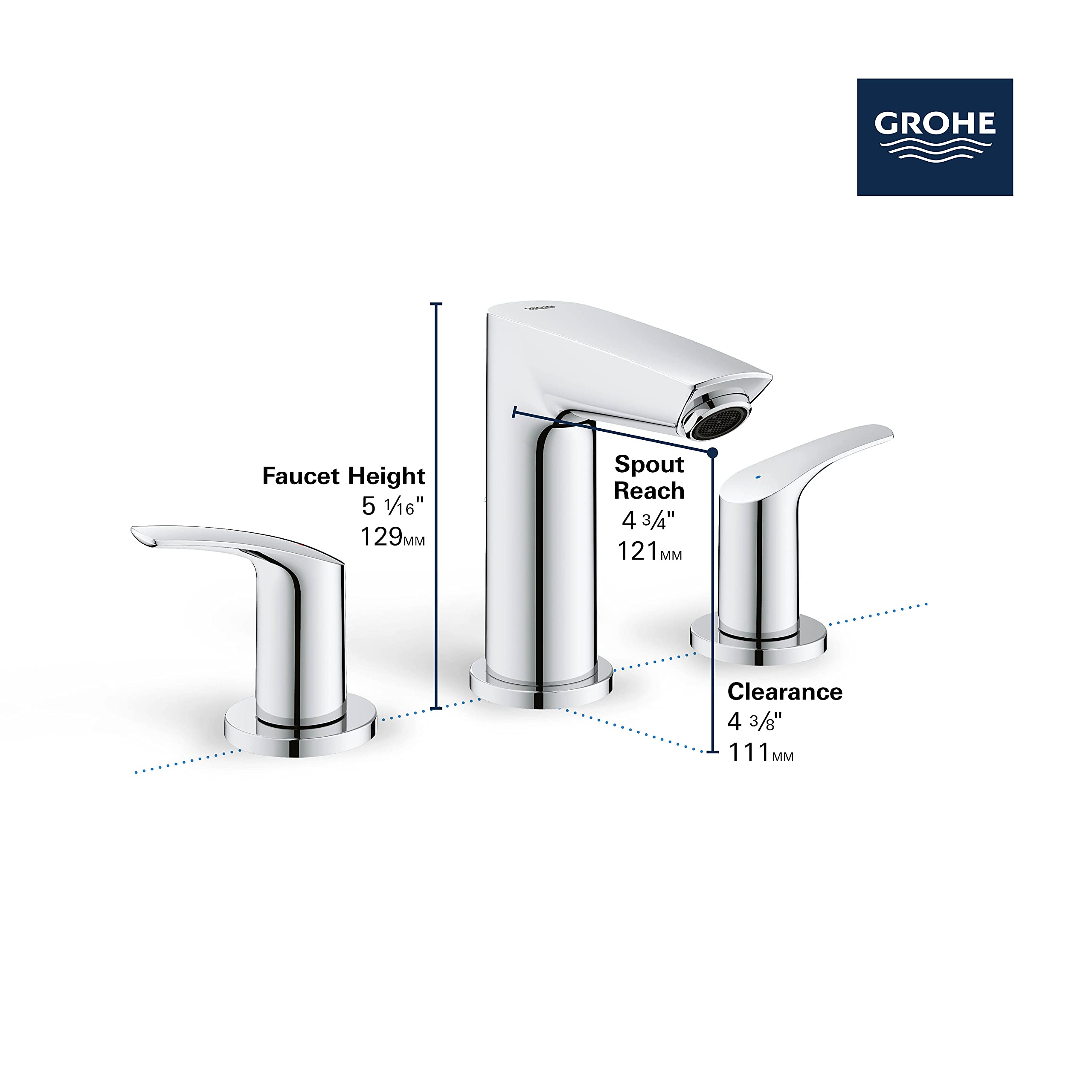 Chrome widespread bathroom faucet with central tall spout and two curved side handles, showing dimensions and Grohe branding.