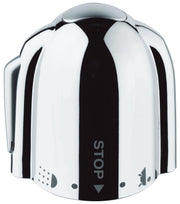 Chrome and matte black shut-off valve handle with rounded dome shape and "STOP" marking on center panel.