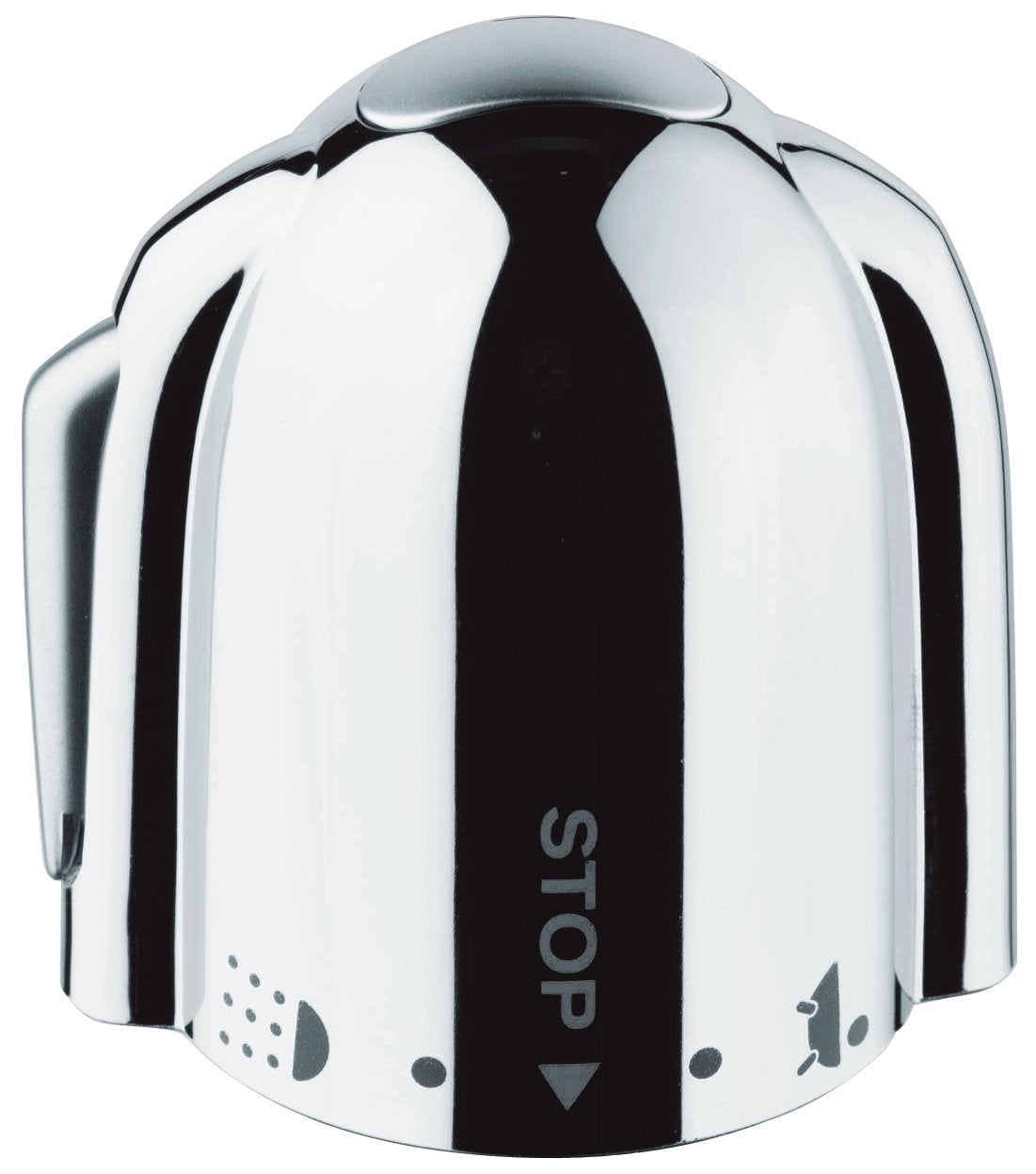 Chrome and matte black shut-off valve handle with rounded dome shape and "STOP" marking on center panel.