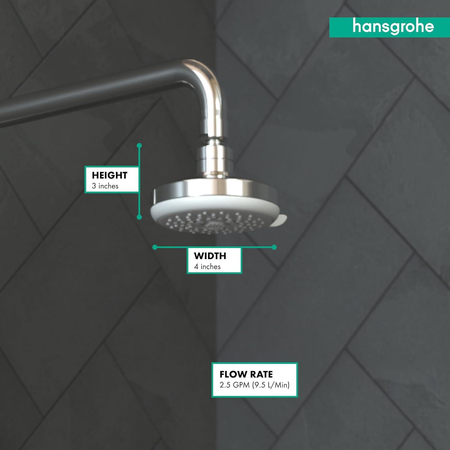 Chrome fixed shower head with curved arm, round perforated face, 4 inches wide, mounted against textured gray tile.