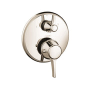 Polished nickel round thermostatic shower trim with upper diverter lever and lower volume control handle.