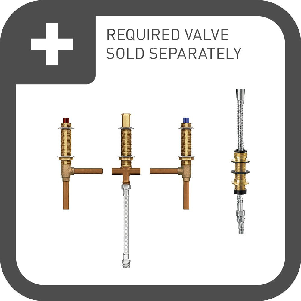 Two-handle deck-mounted brass tub faucet with hand shower components and red and blue trim caps, valve sold separately.