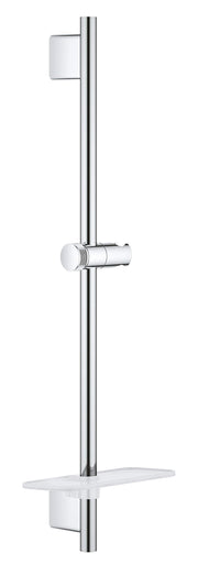 Chrome shower slide bar with cylindrical vertical rail, adjustable handshower holder, and integrated shelf.
