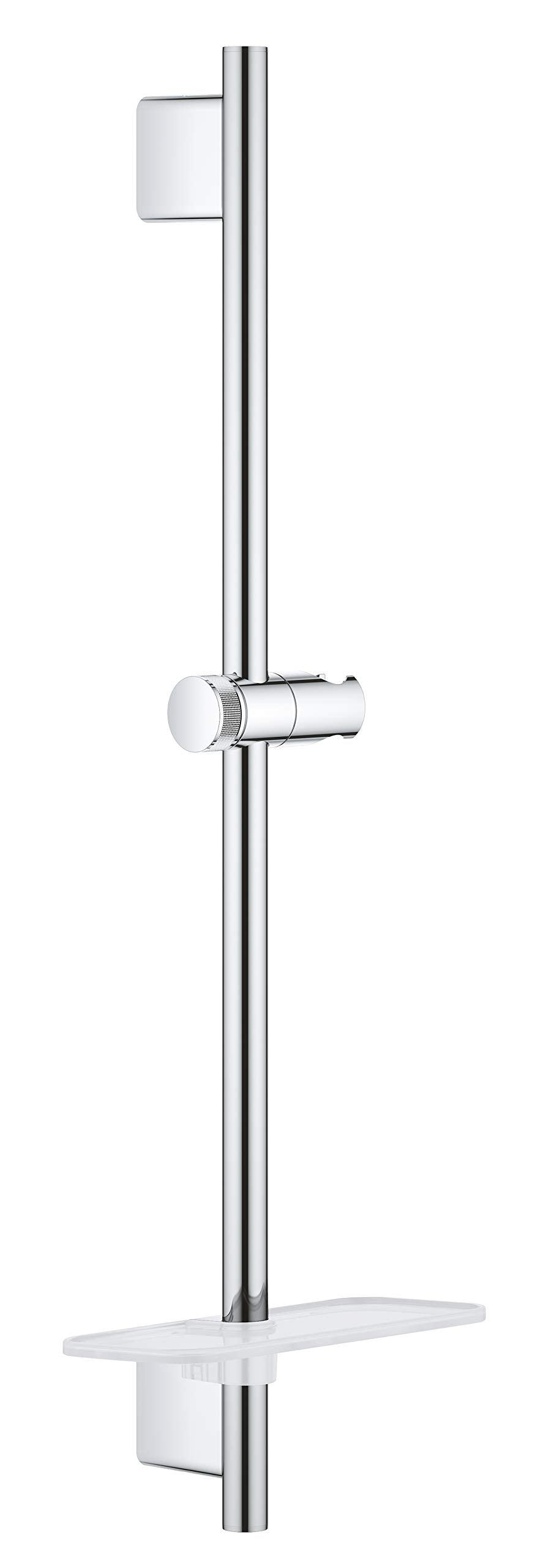 Chrome shower slide bar with cylindrical vertical rail, adjustable handshower holder, and integrated shelf.