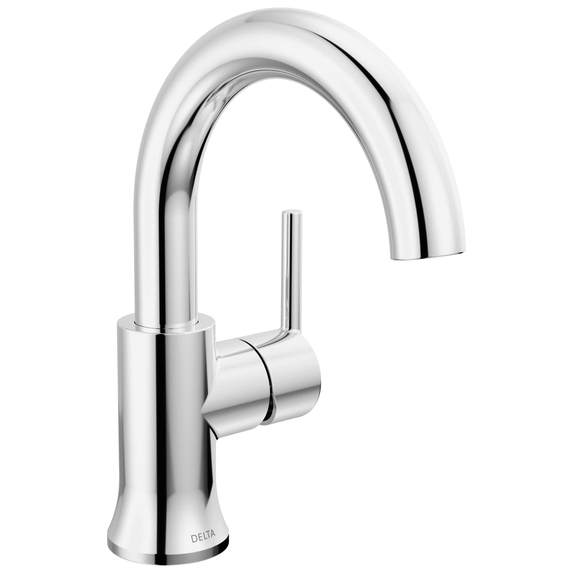 Chrome single-handle bathroom faucet with high arc spout and lever handle.