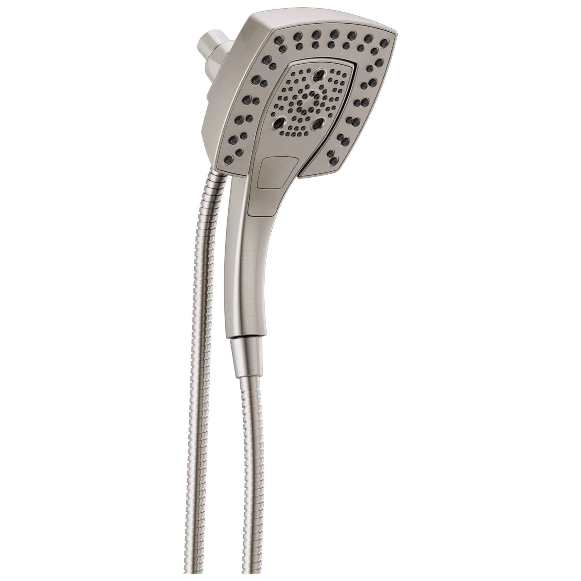 Brushed nickel square shower head with dual spray zones and flexible hose attachment.