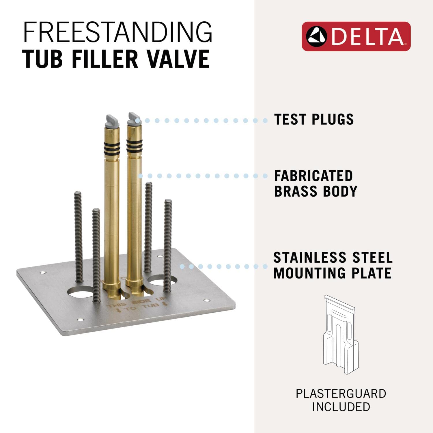 Floor-mount tub filler valve with brass body, stainless steel mounting plate, and test plugs included.