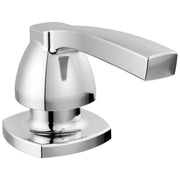 Chrome soap and lotion dispenser with rounded pump head and rectangular spout on circular base.
