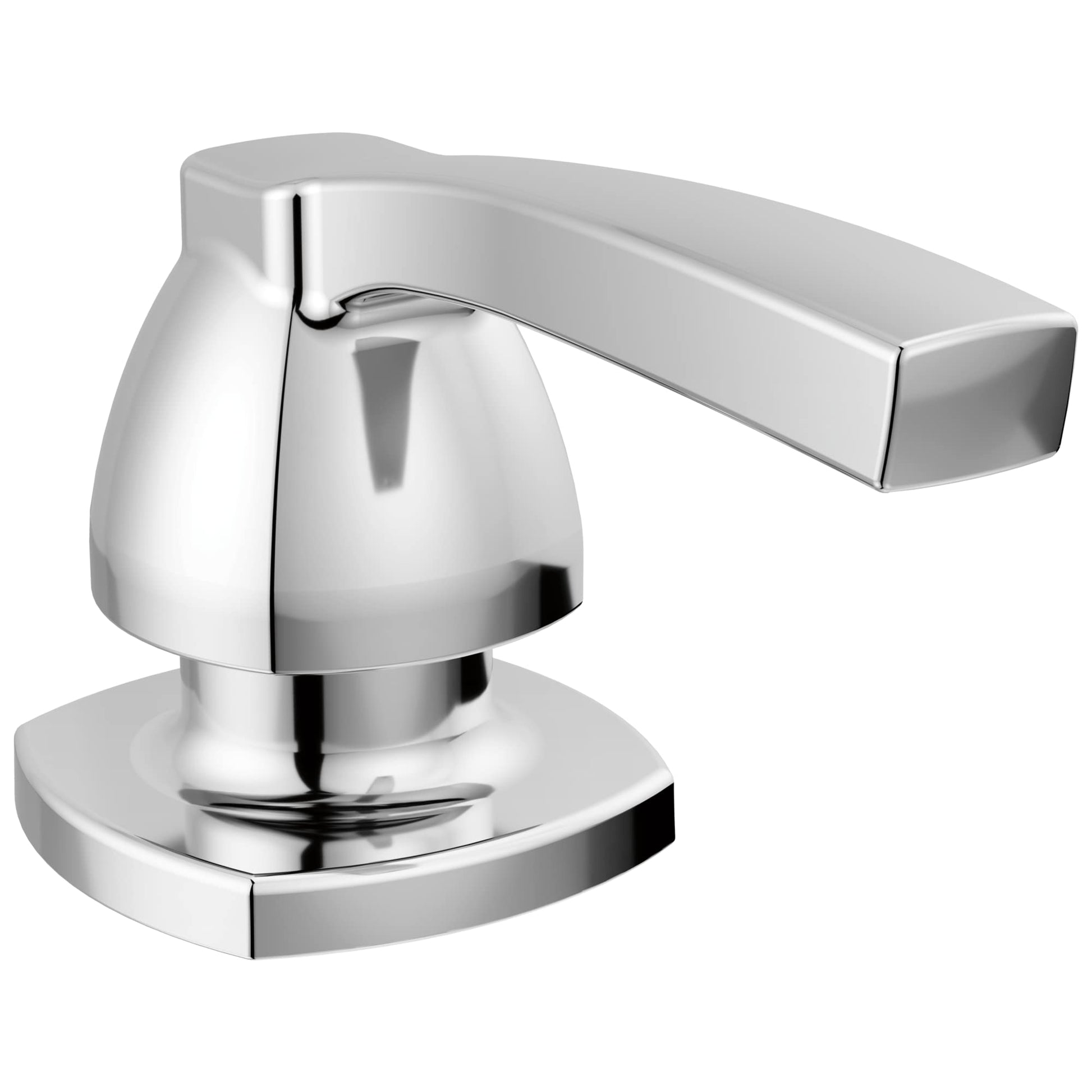 Chrome soap and lotion dispenser with rounded pump head and rectangular spout on circular base.