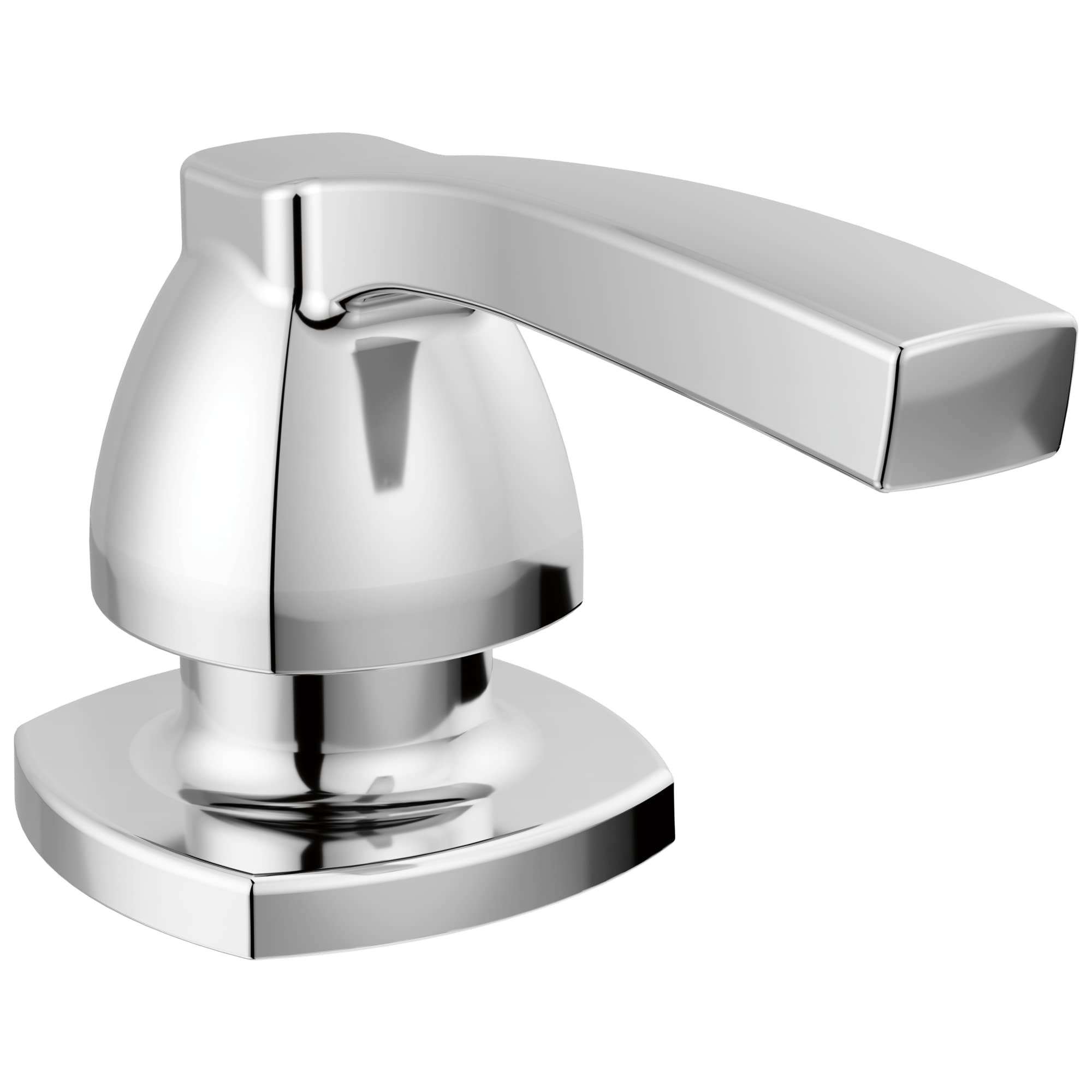 Chrome soap and lotion dispenser with rounded pump head and rectangular spout on circular base.