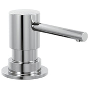 Chrome metal soap dispenser with cylindrical pump body, circular base, and horizontal dispenser arm.
