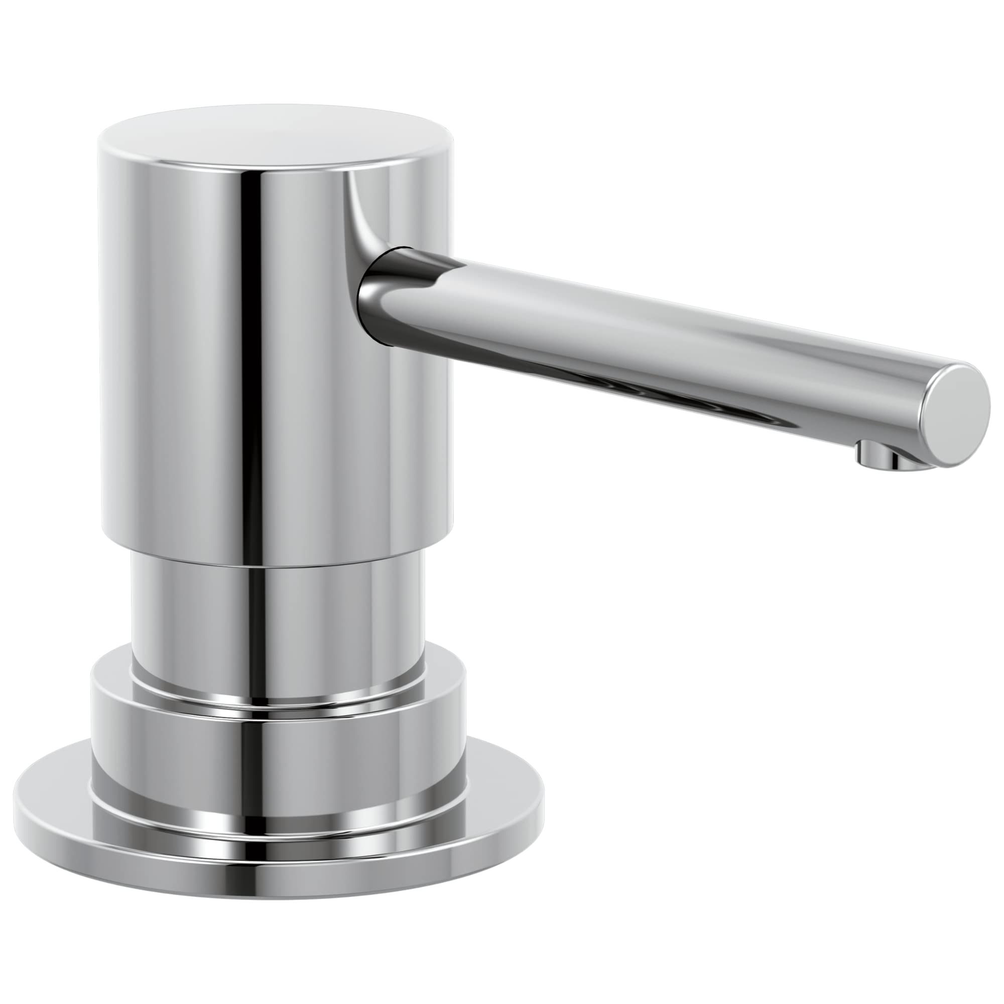 Chrome metal soap dispenser with cylindrical pump body, circular base, and horizontal dispenser arm.