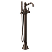 Oil rubbed bronze freestanding tub filler with curved spout, single handle, and detachable handshower with hose.