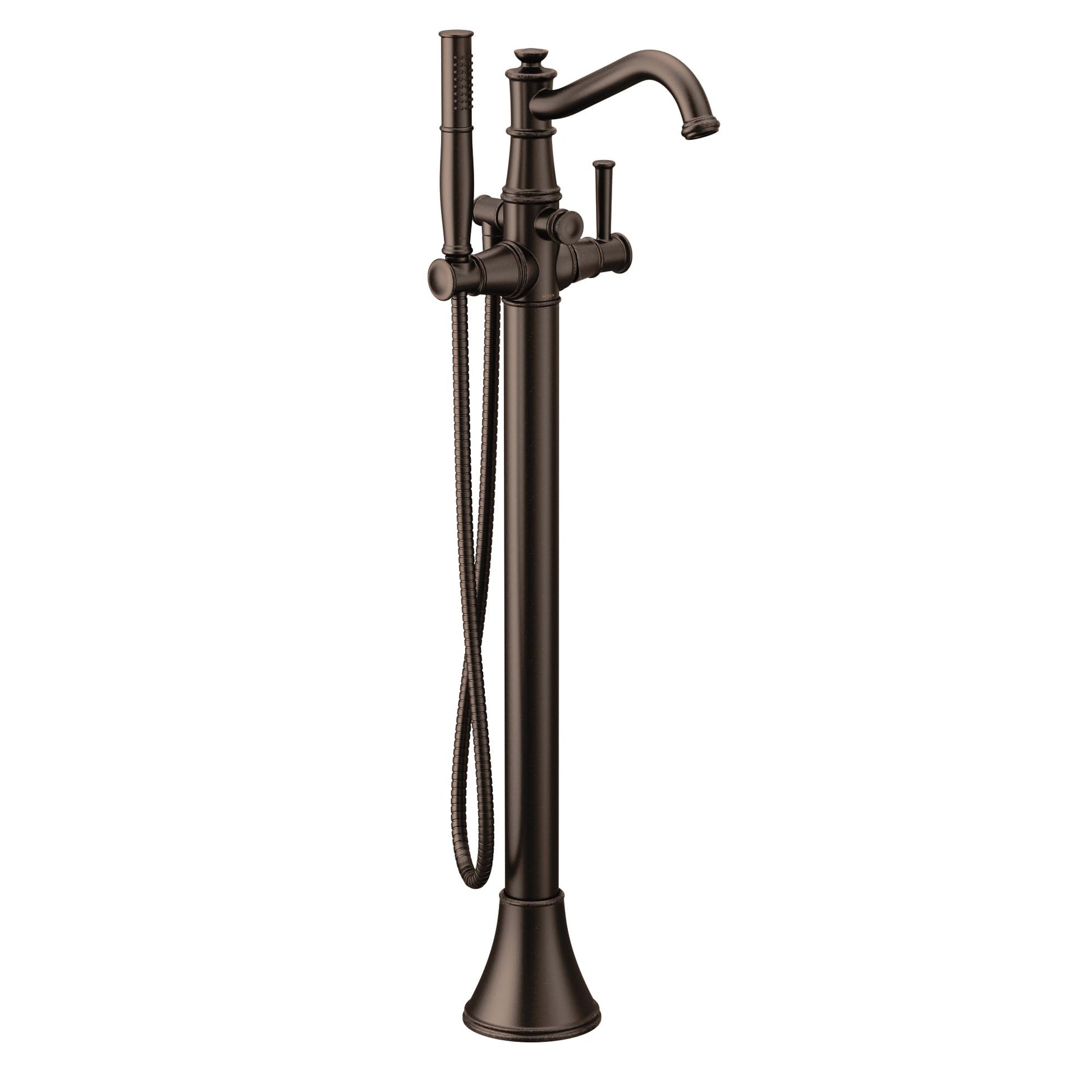 Oil rubbed bronze freestanding tub filler with curved spout, single handle, and detachable handshower with hose.