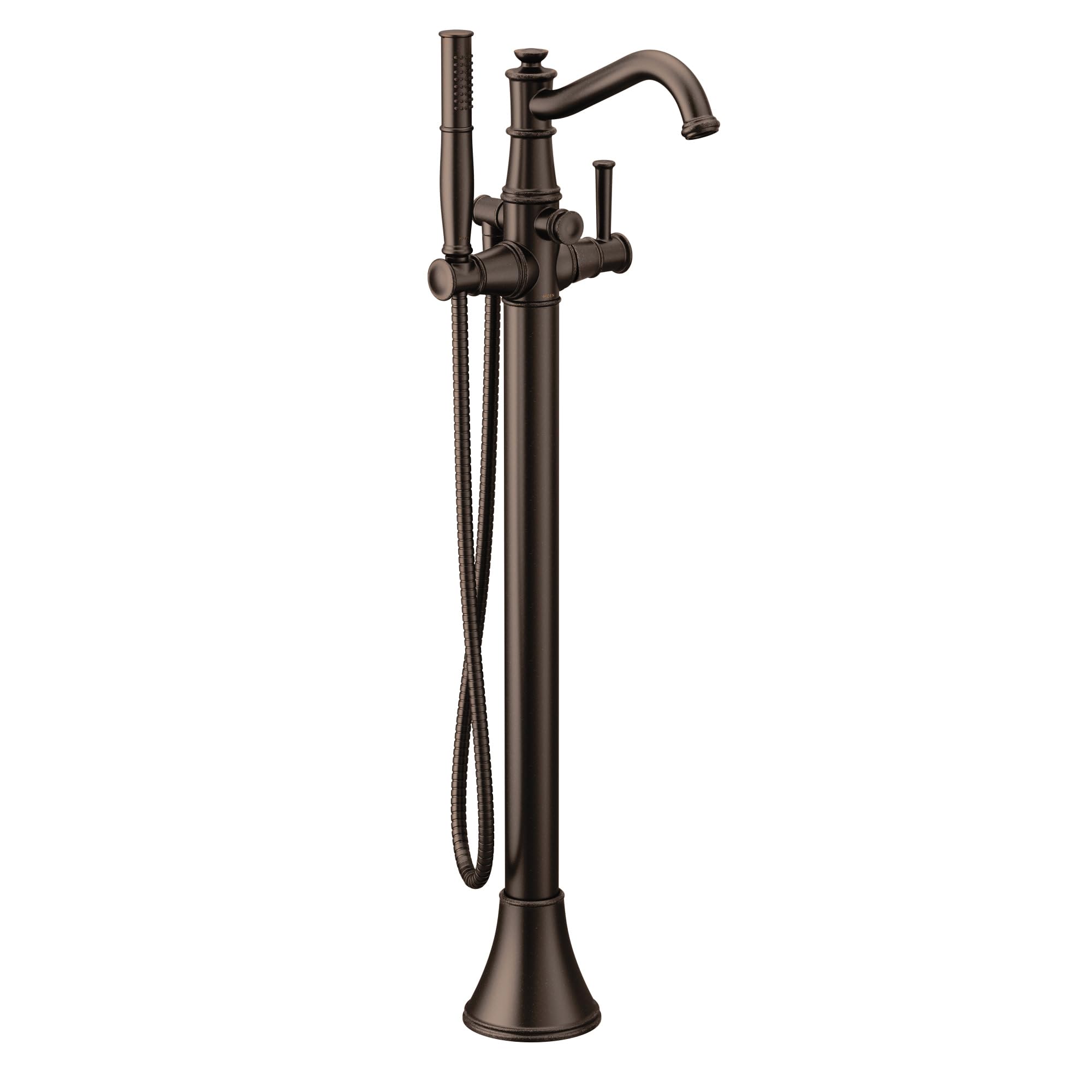 Oil rubbed bronze freestanding tub filler with curved spout, single handle, and detachable handshower with hose.