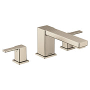 Brushed nickel two-handle roman tub faucet with angular spout and square base design.