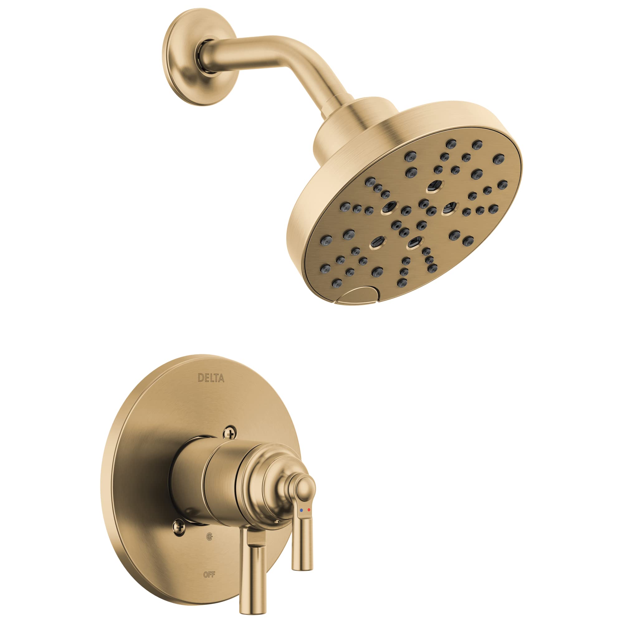 Champagne bronze shower trim with round showerhead and wall-mounted valve control lever.