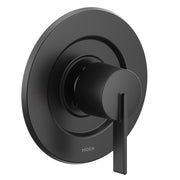 Moen Cia matte black single-handle shower valve trim with round escutcheon plate and lever handle.