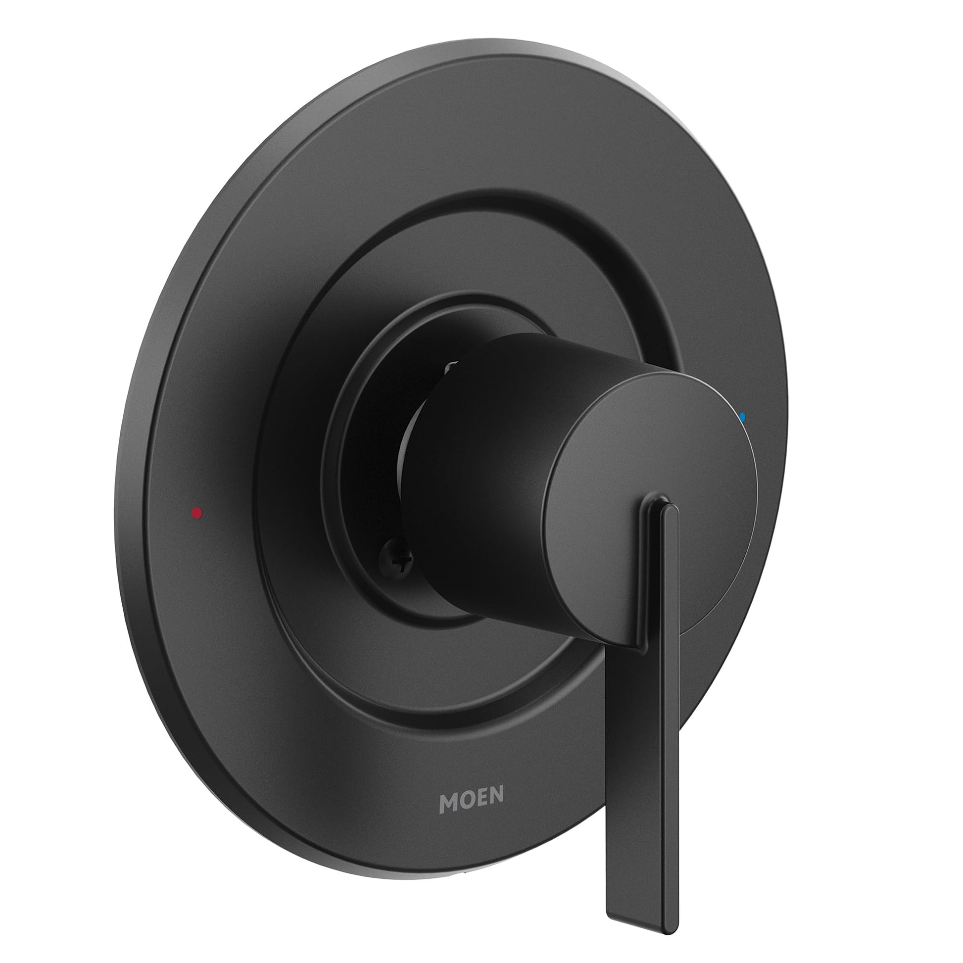Moen Cia matte black single-handle shower valve trim with round escutcheon plate and lever handle.