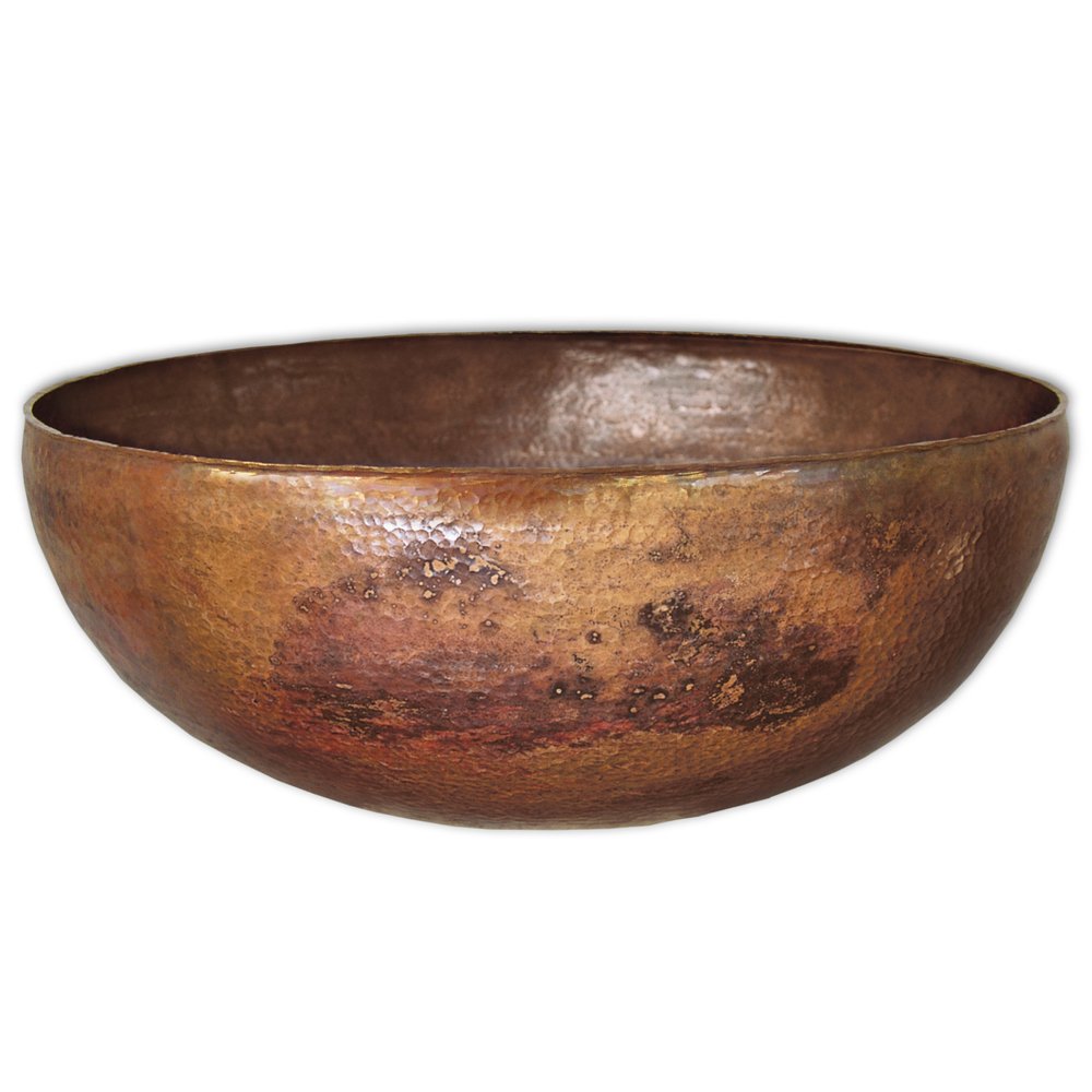 Round hammered copper vessel sink with textured surface and warm bronze patina finish.