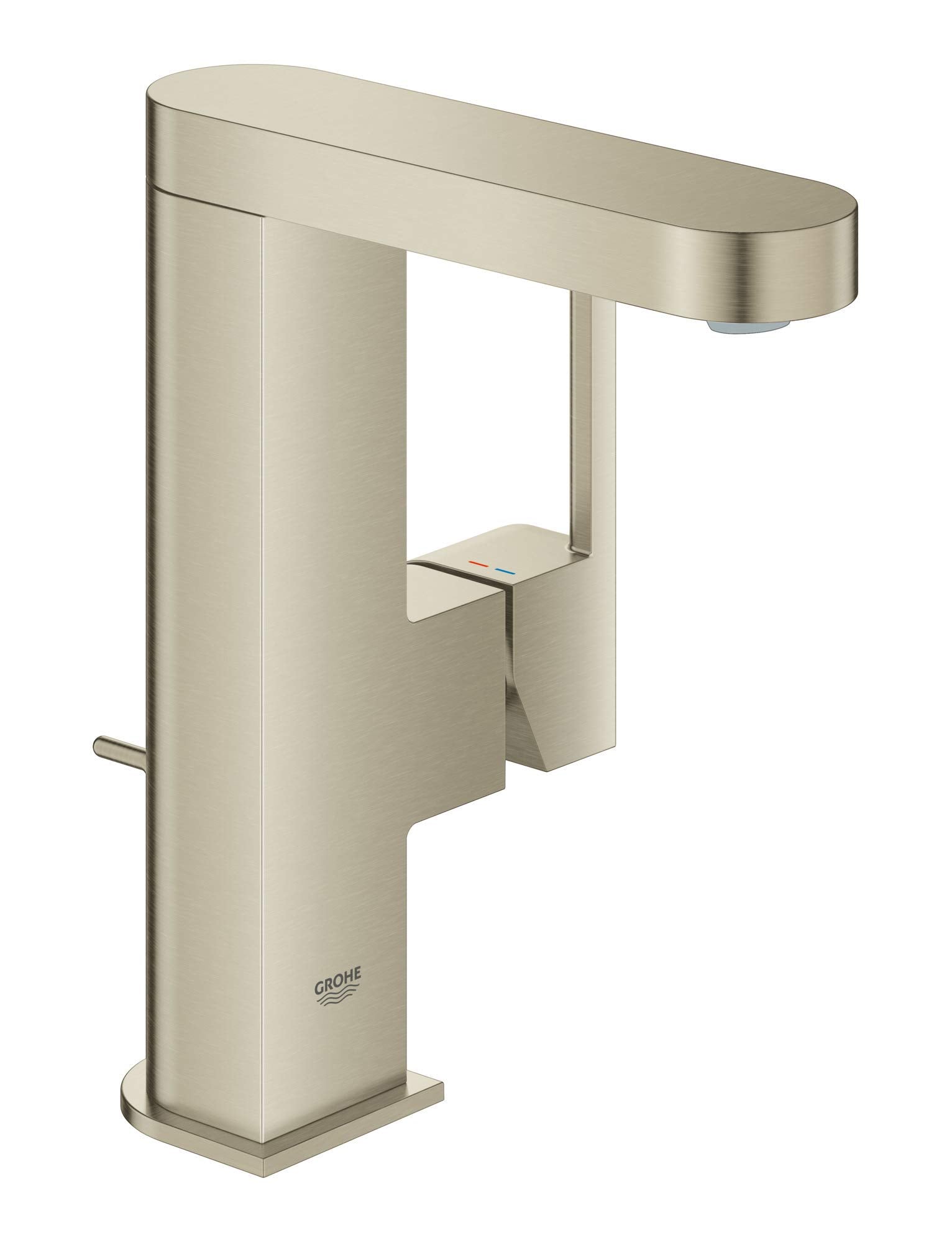 Grohe Plus brushed nickel single-handle bathroom faucet with curved spout and rectangular base.
