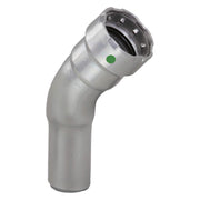 Silver 45-degree street elbow fitting with press connection ends and green indicator dot.