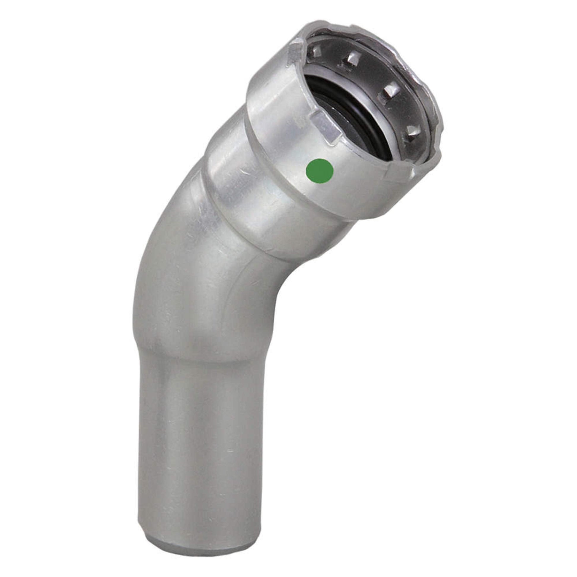 Silver 45-degree street elbow fitting with press connection ends and green indicator dot.