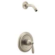 Brushed nickel shower trim kit with single handle lever and curved wall-mounted arm.
