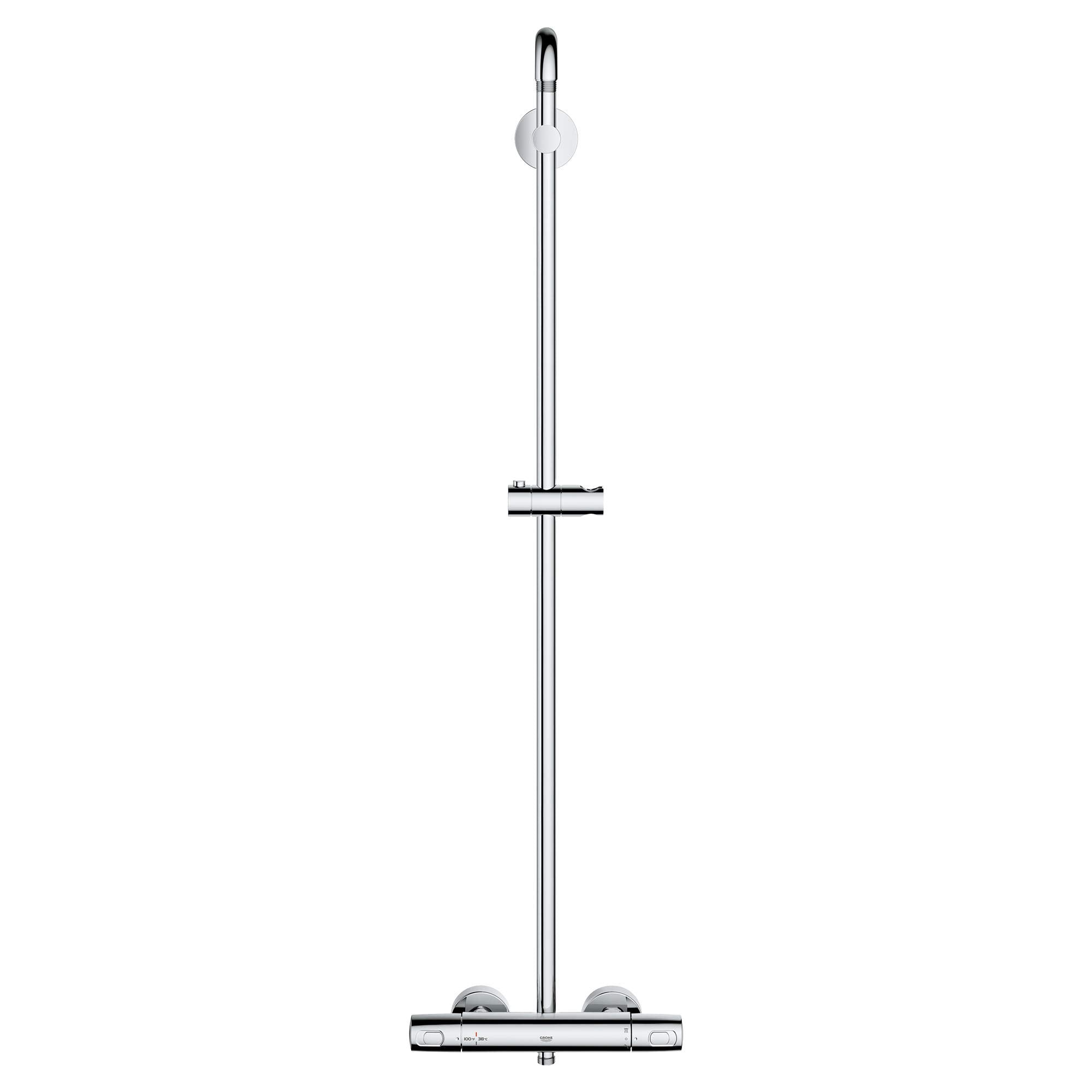 Chrome thermostatic shower system with vertical rail, overhead showerhead, and horizontal control bar.