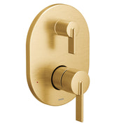 Brushed gold shower trim with oval escutcheon plate and two lever handles for water control.