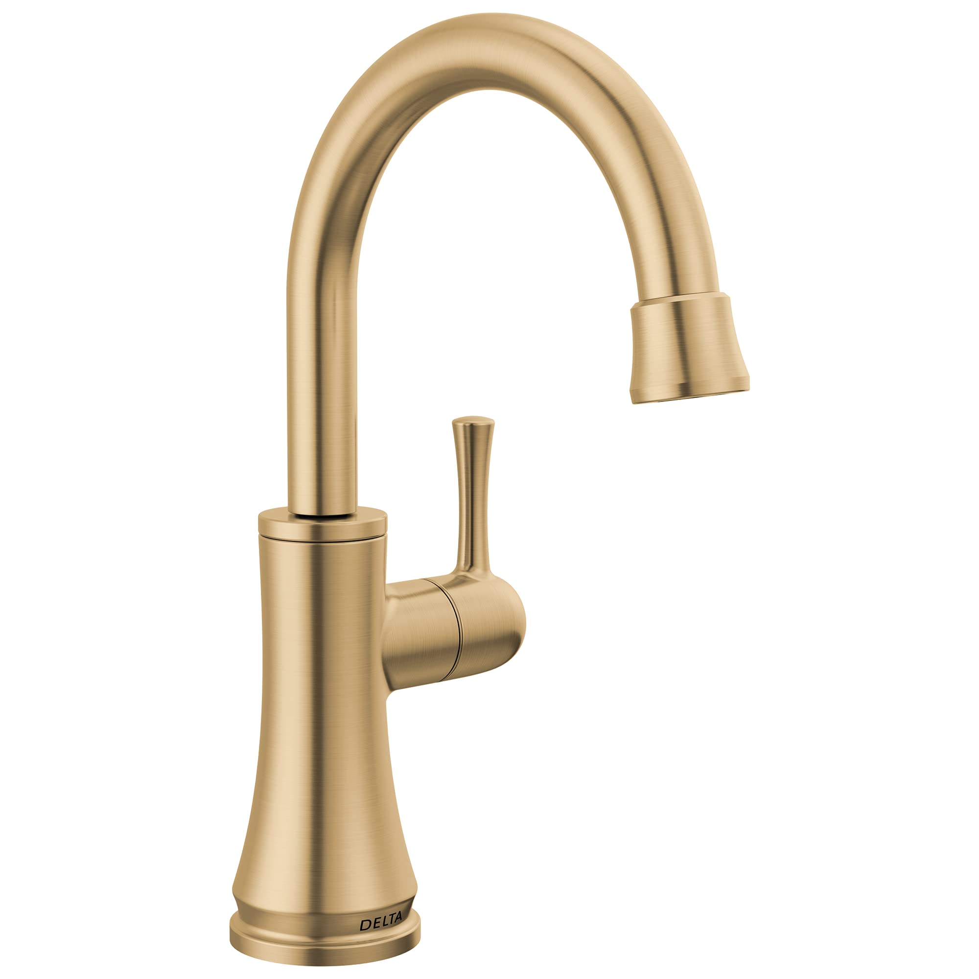 Champagne bronze single-handle beverage faucet with curved spout and lever control.