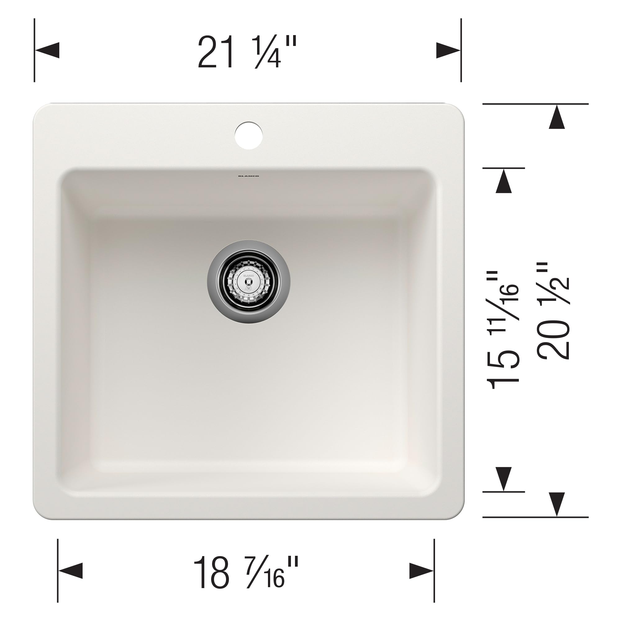 White single bowl kitchen sink with rounded corners, drain, and dimension measurements showing 21 1/4" width and 18 7/16" dep