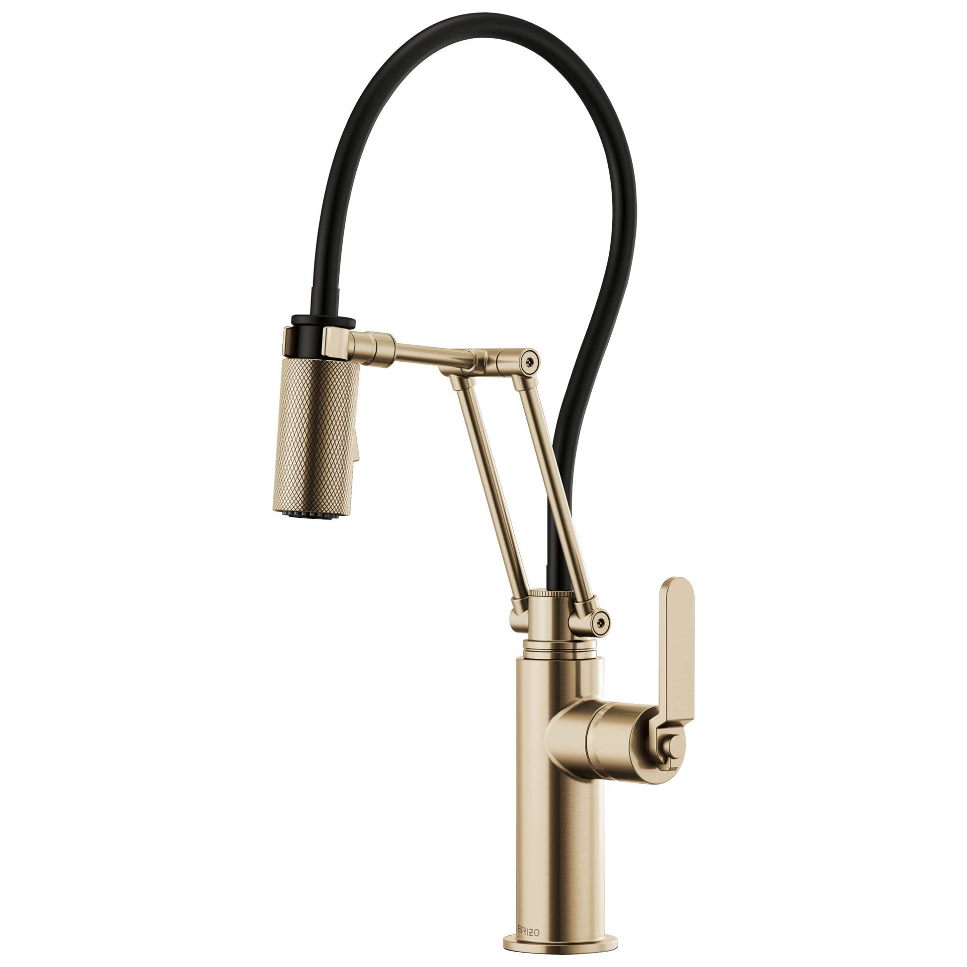 Brushed gold faucet with black flexible hose, textured handle, and articulating spout arm.