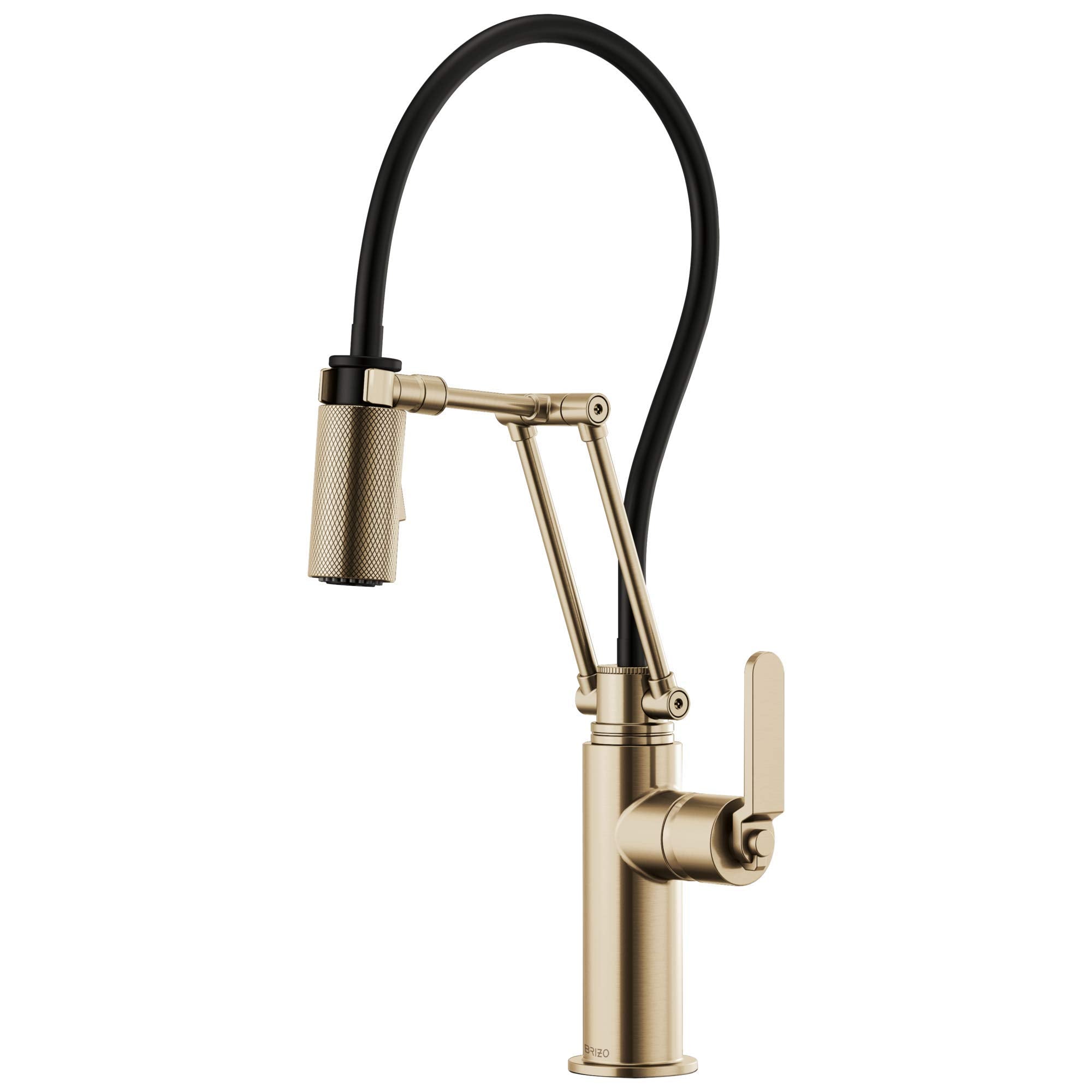 Brushed gold faucet with black flexible hose, textured handle, and articulating spout arm.