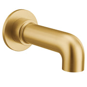 Brushed gold curved tub spout with round wall-mounted flange and slip-fit connection.