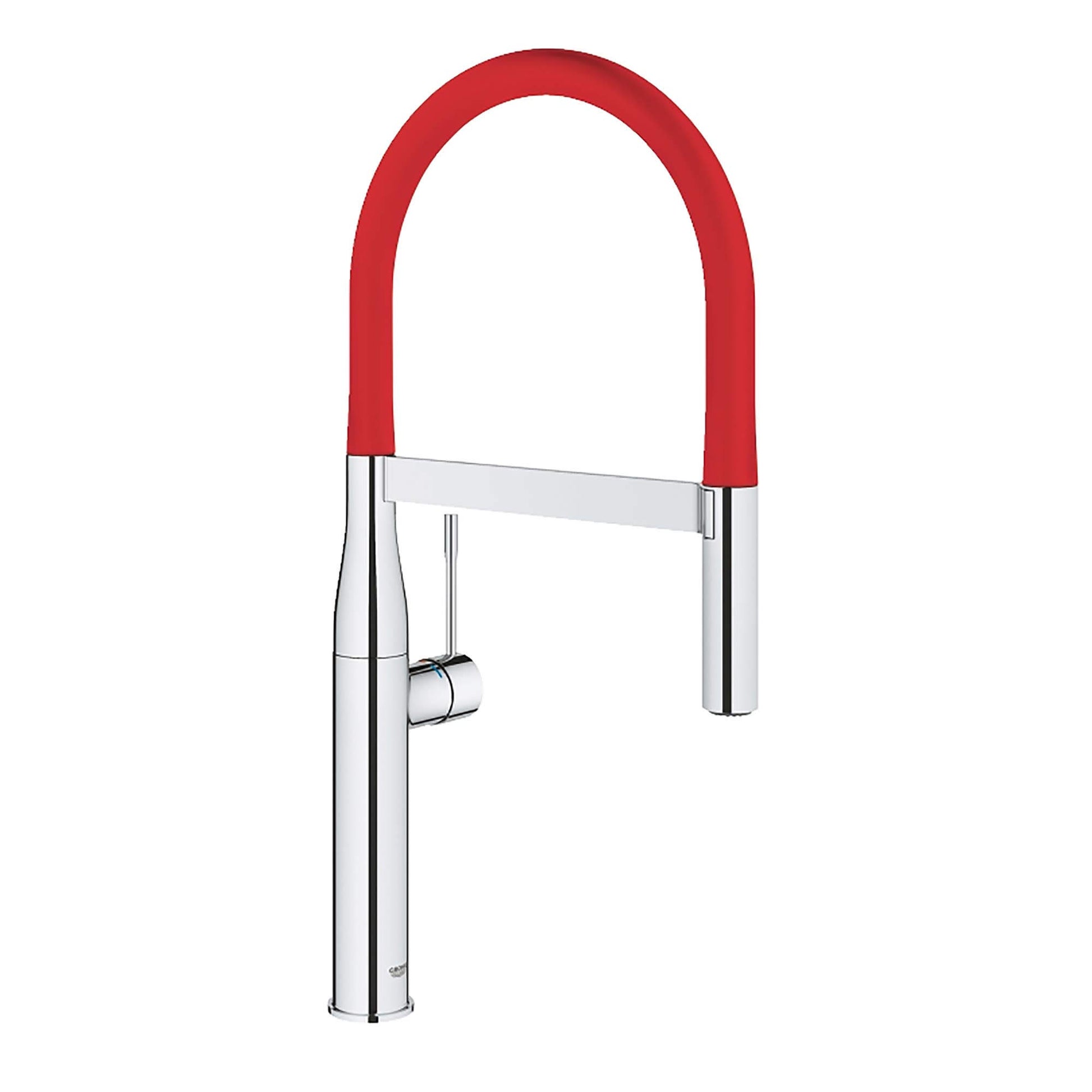 Chrome kitchen faucet with red flexible hose spout and single lever handle.