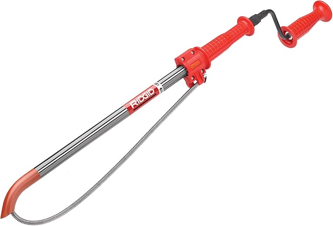 Red and silver telescoping drain auger with C-style cutter head and dual handles for plumbing applications.