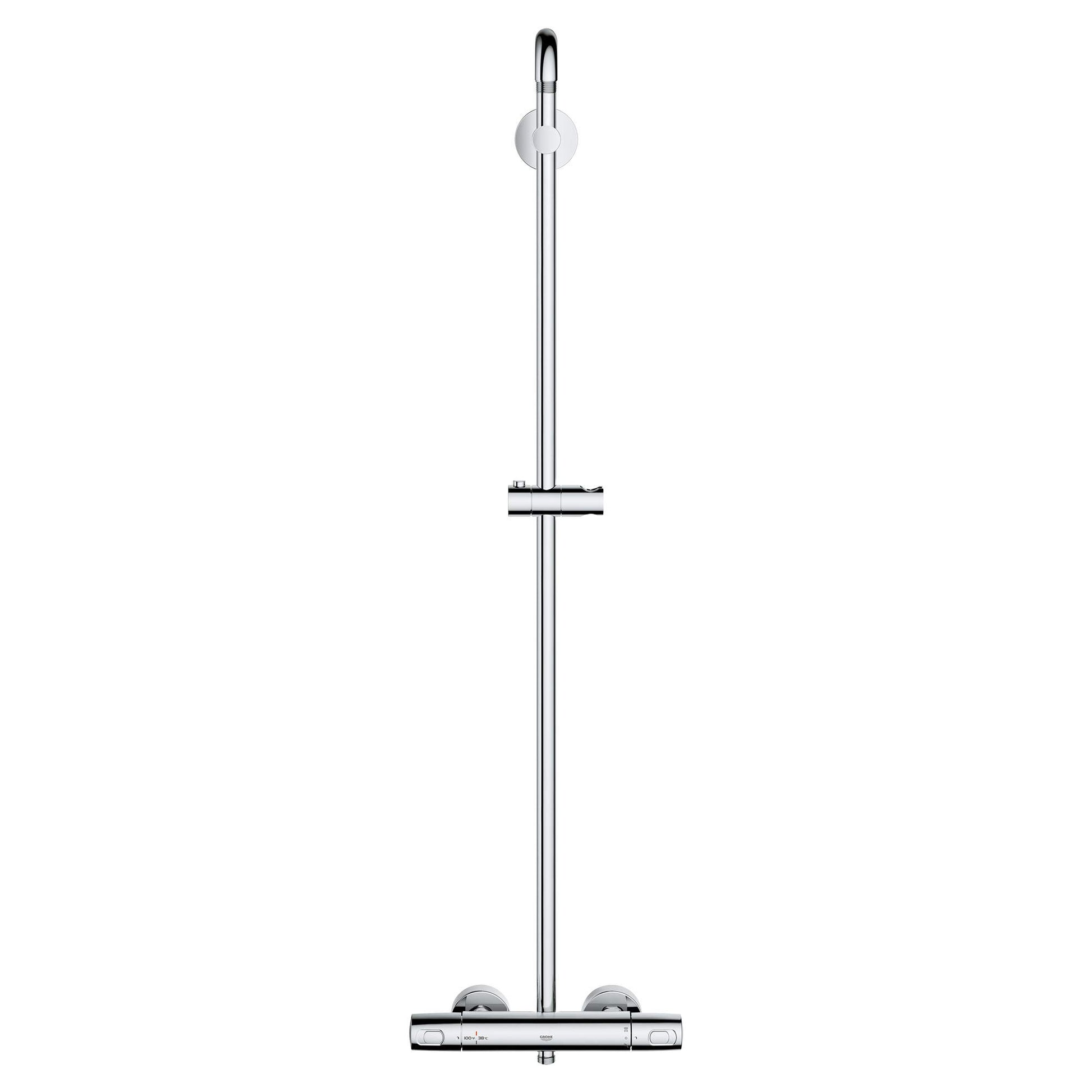 Chrome thermostatic shower system with vertical rail, overhead showerhead, and handheld spray with adjustable slide bar.
