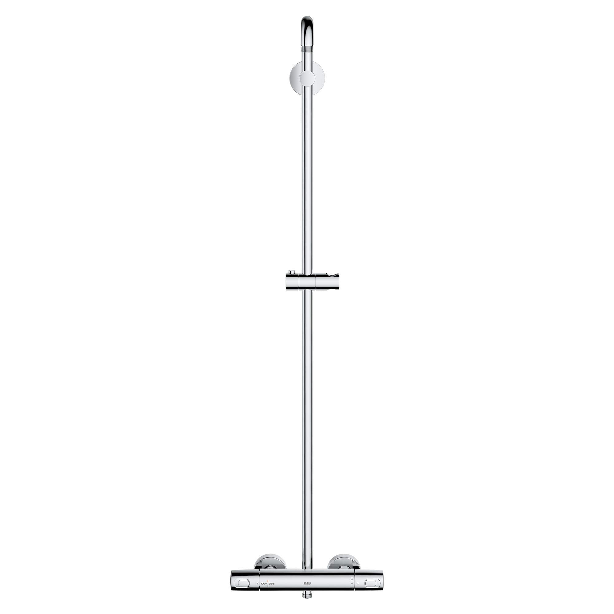 Chrome thermostatic shower system with vertical rail, overhead showerhead, and handheld spray with adjustable slide bar.