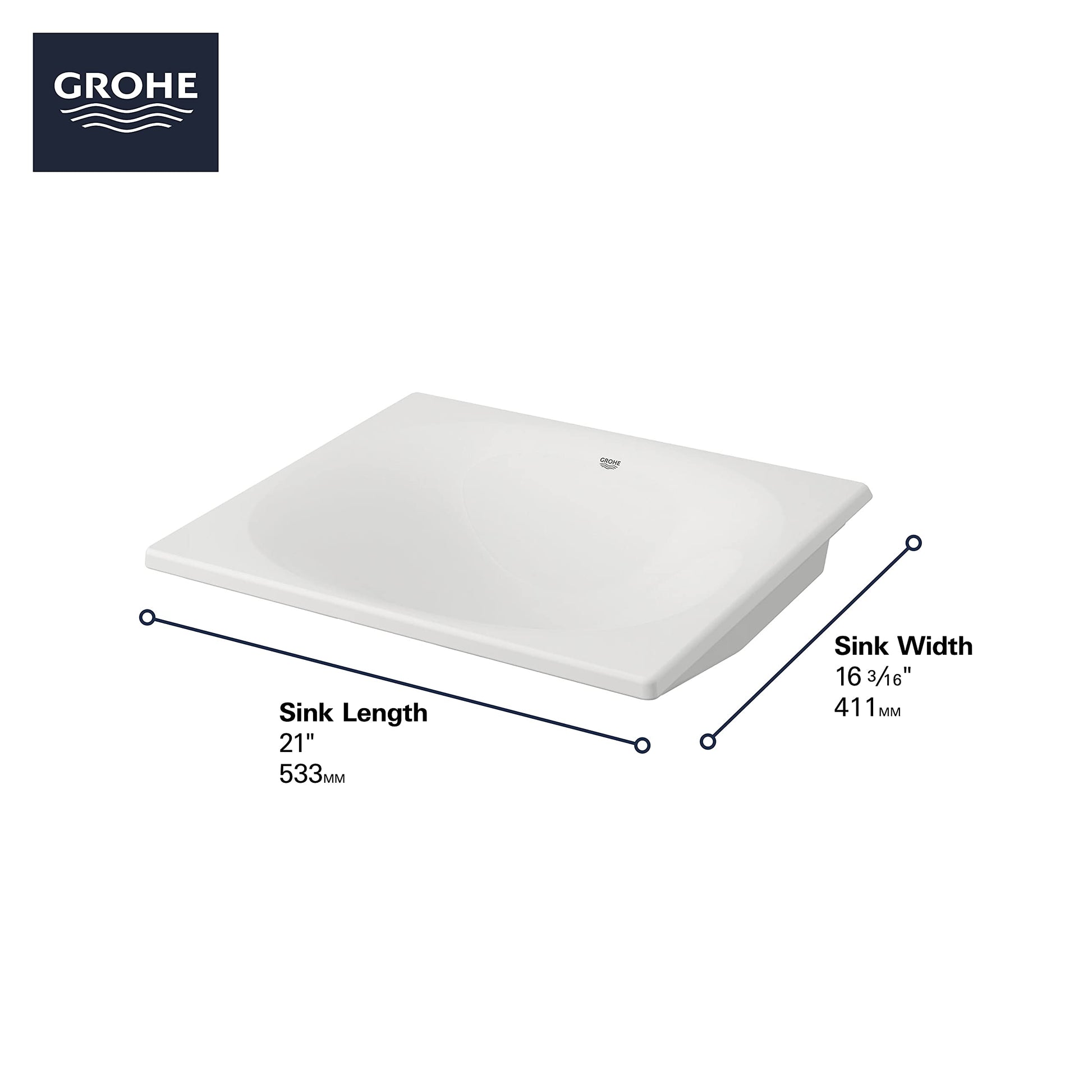 White rectangular under-counter bathroom sink with dimensions labeled: 21" length and 16 3/16" width.