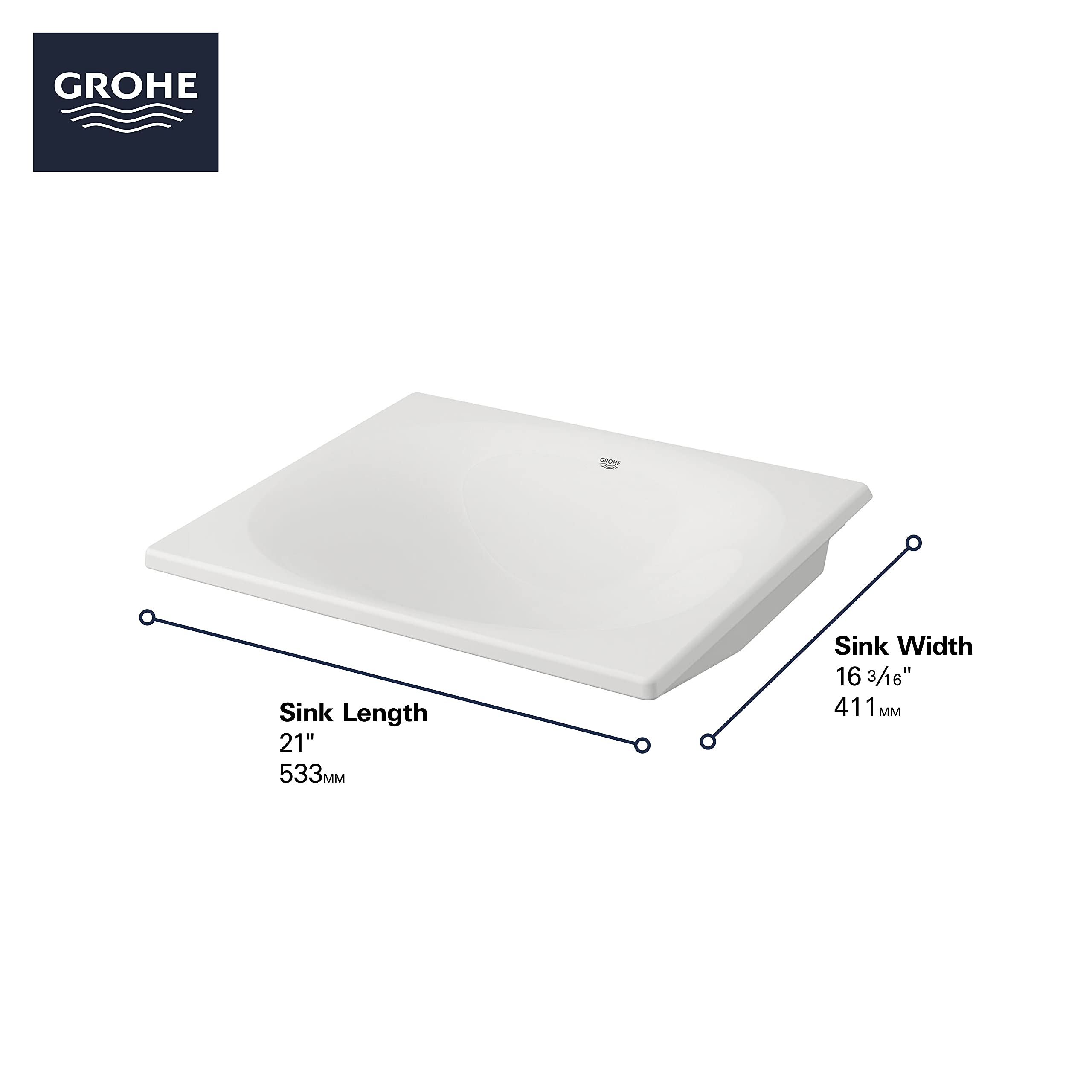 White rectangular under-counter bathroom sink with dimensions labeled: 21" length and 16 3/16" width.