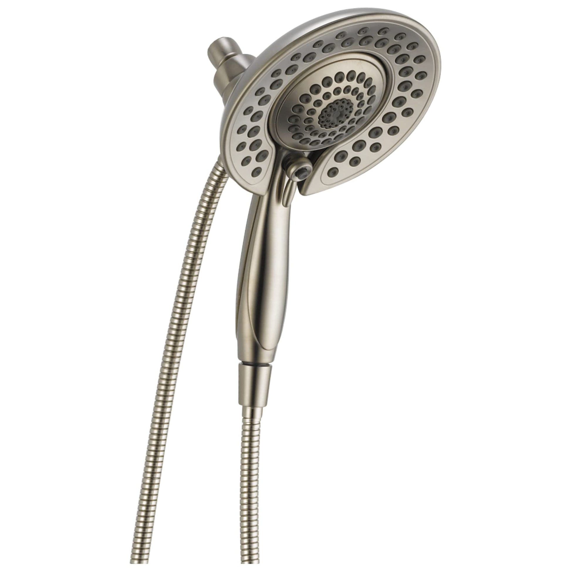 Brushed nickel two-in-one shower head with fixed and handheld spray options connected by flexible hose.