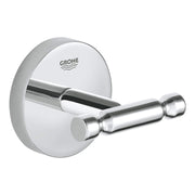 Chrome robe hook with circular wall plate and cylindrical hook arm, Grohe branding visible on plate.