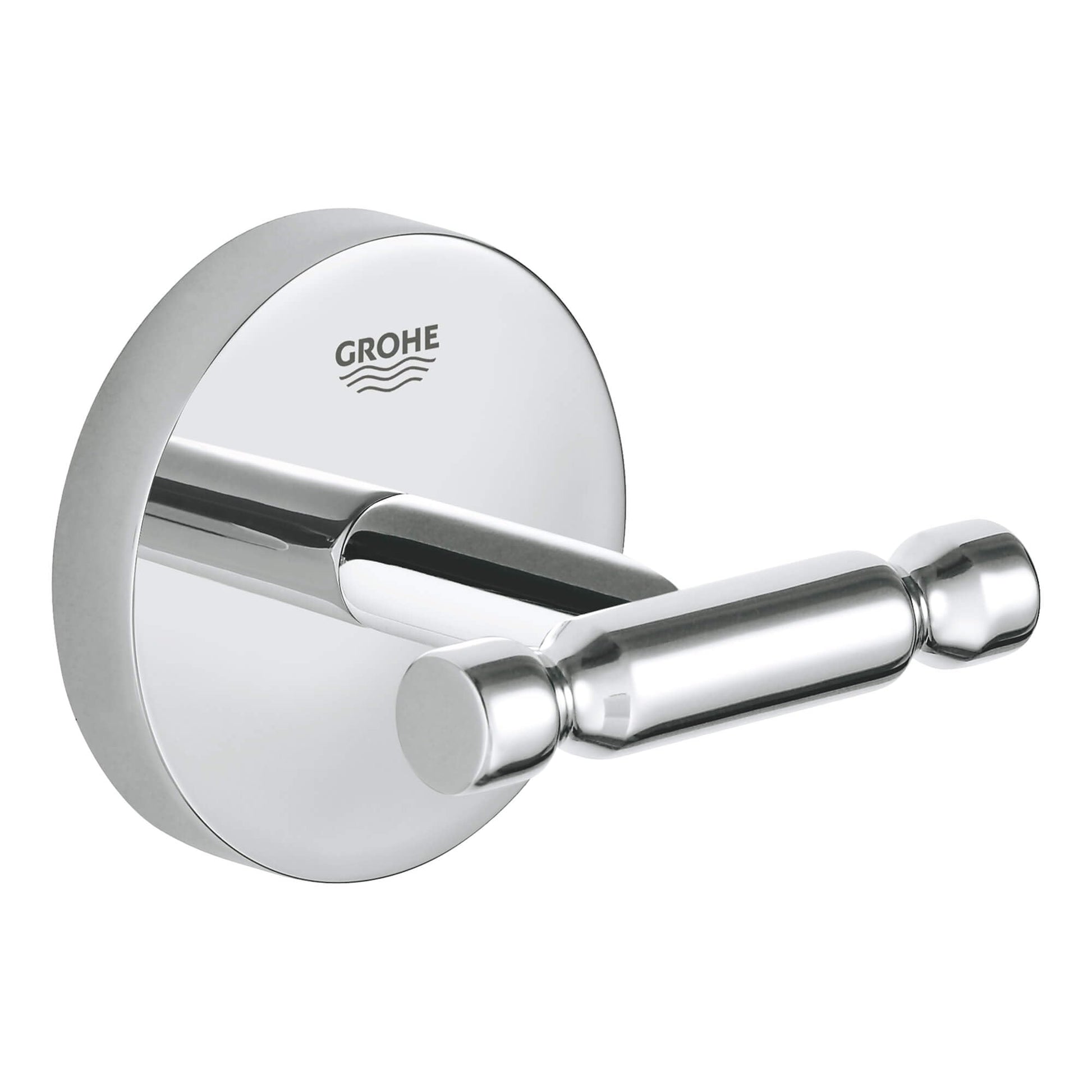 Chrome robe hook with circular wall plate and cylindrical hook arm, Grohe branding visible on plate.